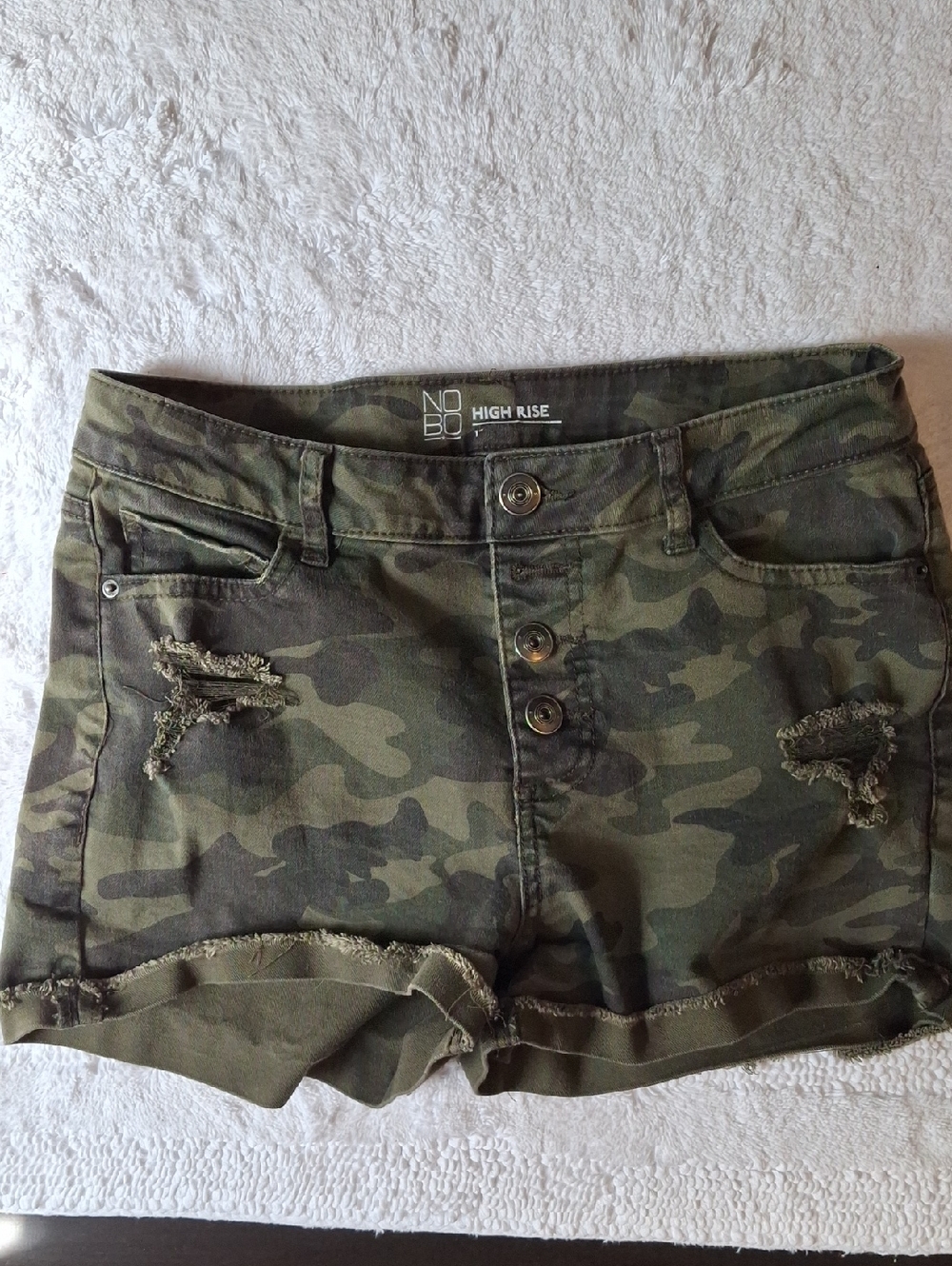 NOBO High-Rise Camo Distressed Jean Shorts - Olive
